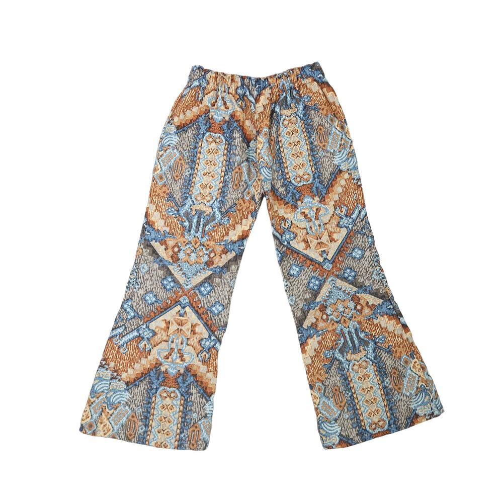 Vintage blue and brown tapestry print low rise flare pants S